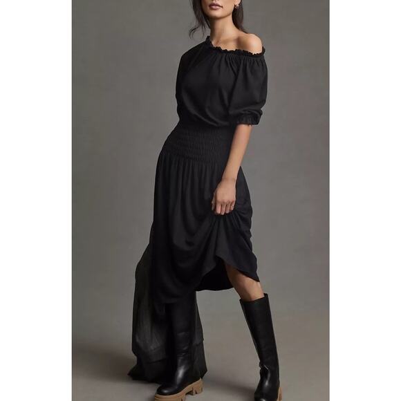 Sundry Smock-Waist Dress Womens Medium Black Midi Pullover Stretch USA NWT - Picture 1 of 13